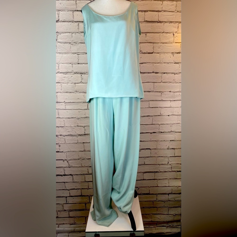 Mary McFadden Couture Vintage Blue 2 Piece Set Wide Leg Pants Tank SILK size 12 - Picture 2 of 15